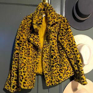 Yellow Leopard Cropped Faux Fur Jacket